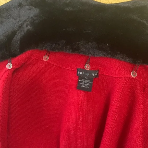 Vintage Tally Ho Vest PM Sleeveless Y2K Wool Red Black Faux Fur Collar Zip Up - Picture 5 of 6